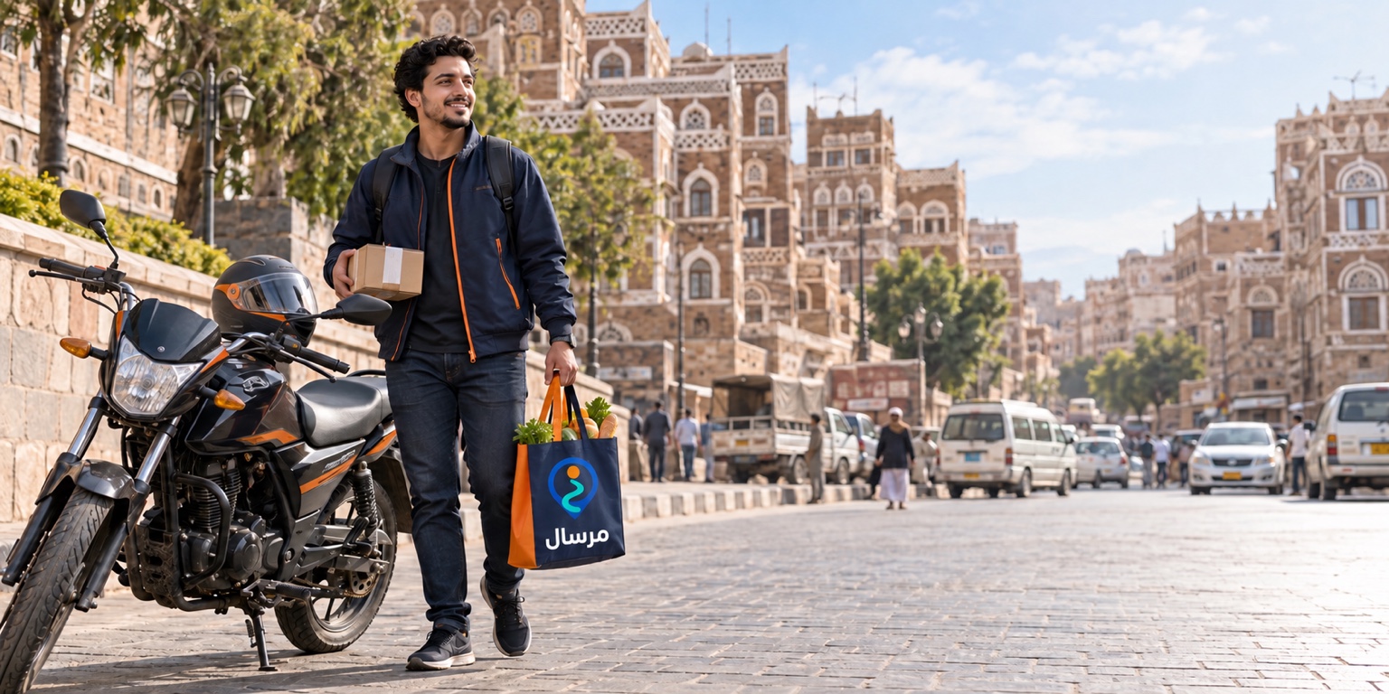 موصل مرسال يحمل طلبًا بجوار دراجته في صنعاء